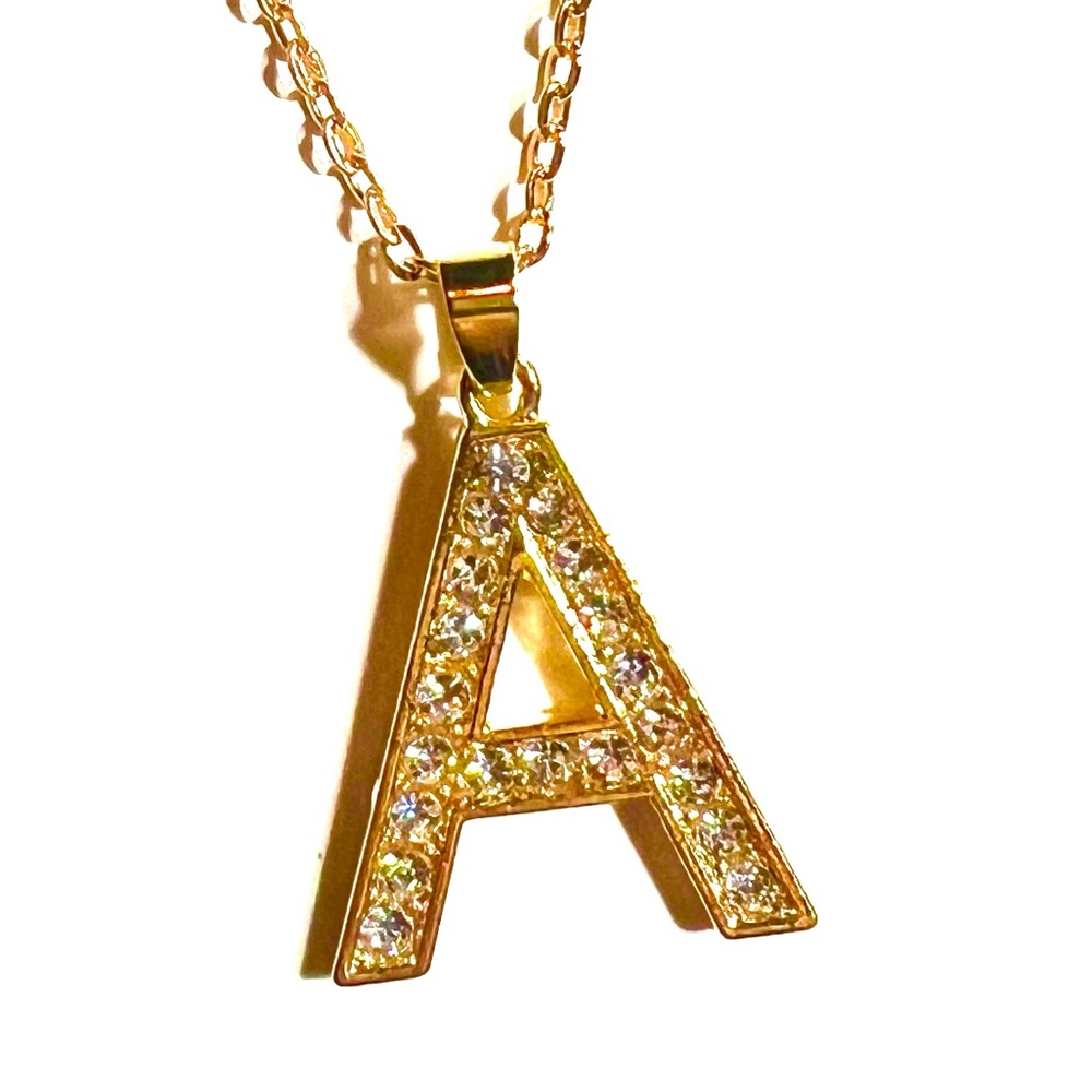 Letter A Initial Name Alphabet Gold Rhinestone Necklace Earring Set